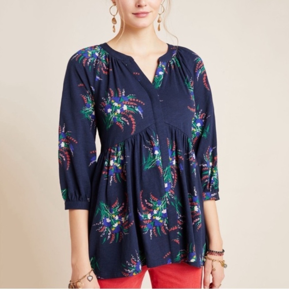 Anthropologie Maeve Winona babydoll tunic Top navy floral 35238